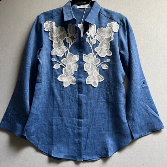 NWT Anne Fontaine Citron Blue Linen floral Appliqué Button down Shirt - Picture 2 of 8